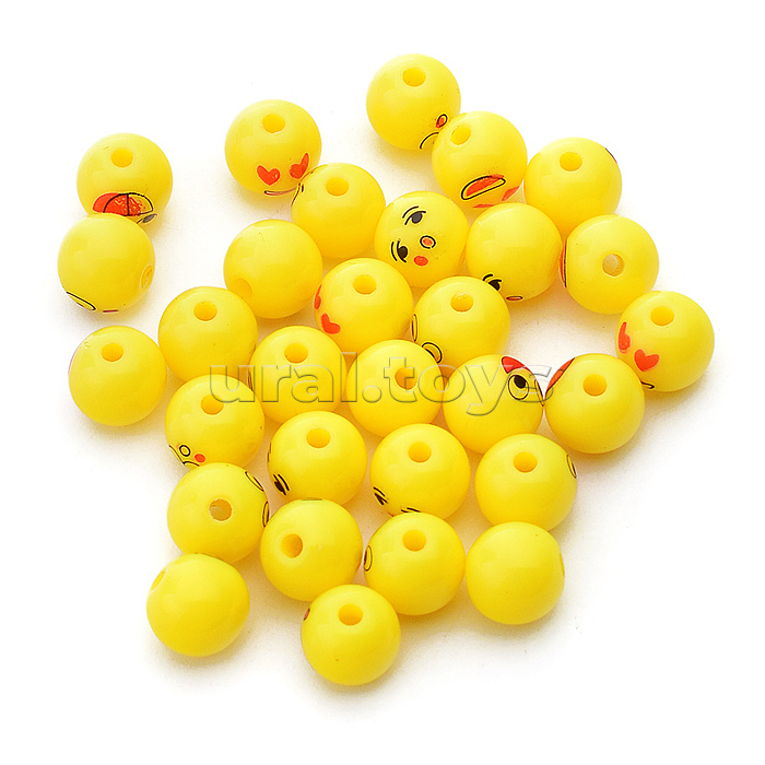 Бусины декоративные "Emoji" пластиковые, размер 1 см, 20 шт, желтые, с принтом, в пластиковом пакете с блистерным подвесом