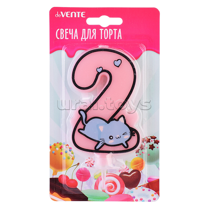 Свеча-цифра для торта "Котик" 2, размер свечки 9,1x6,6x1 см, с рисунком, розовая, в картонном блистере