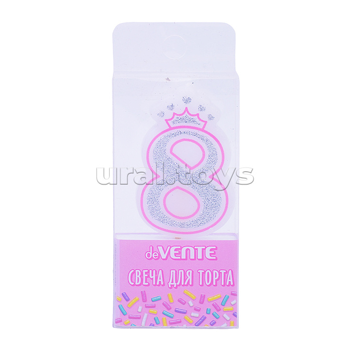 Свеча-цифра для торта "Розовая принцесса" 8, размер свечки 5,8x3,8x0,8 см с серебряным рисунком, в пластиковой коробке с подвесом