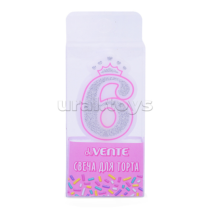 Свеча-цифра для торта "Розовая принцесса" 6, размер свечки 5,8x3,8x0,8 см с серебряным рисунком, в пластиковой коробке с подвесом