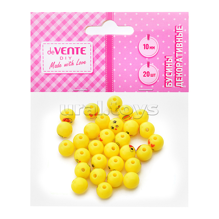 Бусины декоративные "Emoji" пластиковые, размер 1 см, 20 шт, желтые, с принтом, в пластиковом пакете с блистерным подвесом