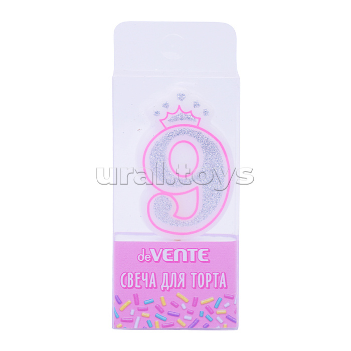 Свеча-цифра для торта "Розовая принцесса" 9, размер свечки 5,8x3,8x0,8 см с серебряным рисунком, в пластиковой коробке с подвесом