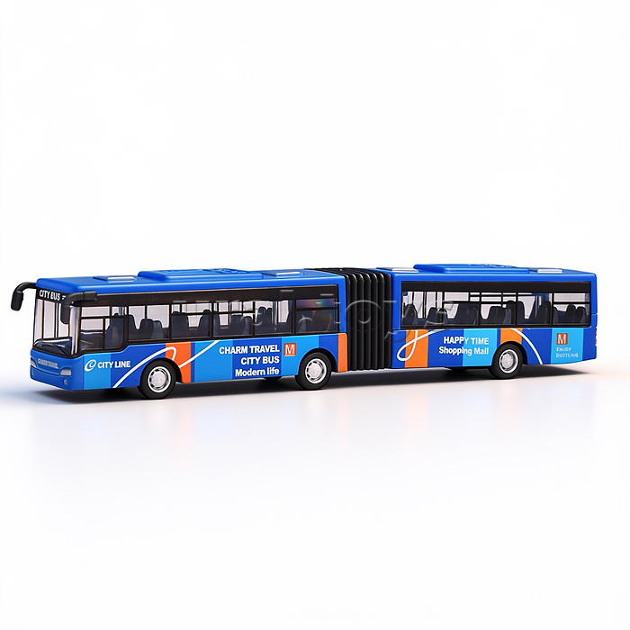 Автобус металлический городской с гармошкой, инерционный, масштаб 1:64 (синий)