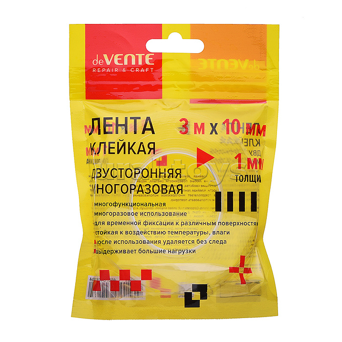 Клейкая лента двусторонняя "Repair & craft" многоразовая, прозрачная, 3 м х 10 мм, толщиной 1 мм, в зип пакете 11x11 см с европодвесом