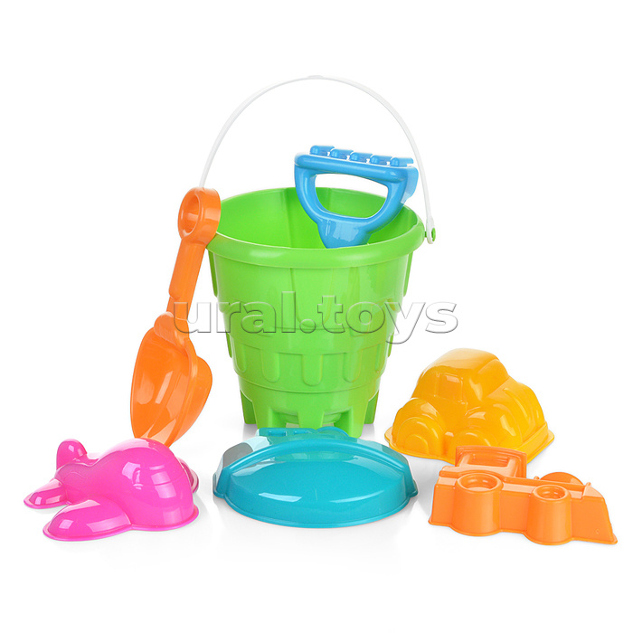 Набор летний №4 (ведро+совок+грабли+фрисби+кольцо+4 формочки)