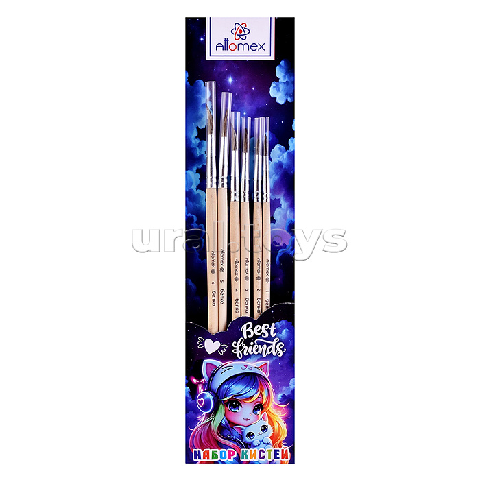 Набор кистей "Best Friends" 06 шт (белка № 1, 2, 3, 4, 5, 6) деревянная ручка в пластиковом блистере