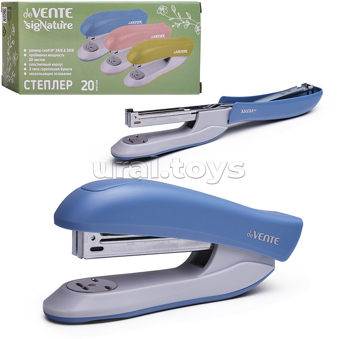 Степлер "sigNATURE" 24/6&26/6 (мощность 20 листов, глубина скрепления 60 мм) пластиковый, в картонной коробке, цвет сумеречный синий