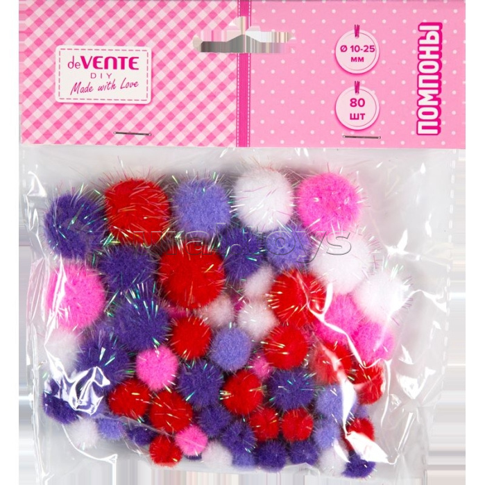 Набор помпонов для творчества "DIY" 80 шт, с блестками ассорти размеров и цветов