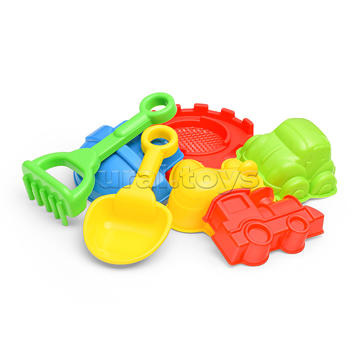 Набор песочный №14 (сито+лопатка+грабли+4 формочки транспорт)