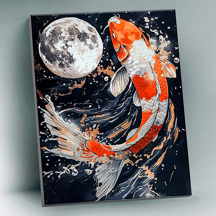 Картина по номерам 40х50 "Танец карпа кои с луной" с поталью платина на чёрном холсте (16 цветов)