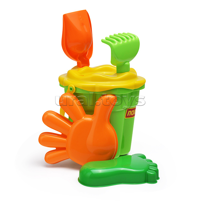 Набор №308: ведро-цветок среднее №3, ситечко-цветок среднее №3, лопатка №5, грабельки №5, формочки (ладошка + ножка)