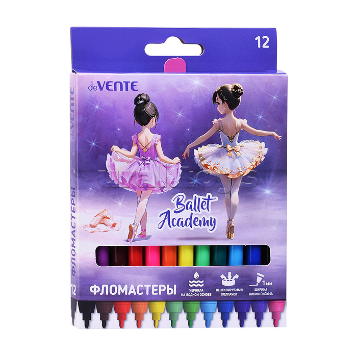 Фломастеры 12цв. "Ballet Academy" с вентилируемым колпачком, в картонной коробке с подвесом Фломастеры 12цв. "Ballet Academy" с вентилируемым колпачком, в картонной коробке с подвесом