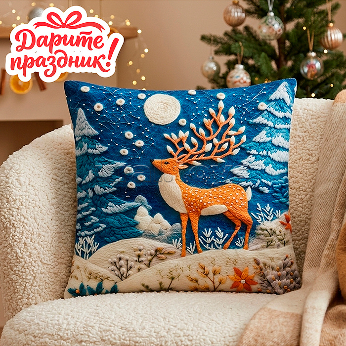 Новогоднее украшение "Наволочка для подушки "Олень" 45*45 см.