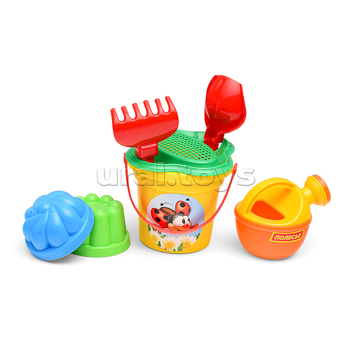 Набор №238: ведро малое, ситечко-цветок, совок №2, грабельки №2, 2 формочки, лейка малая №3