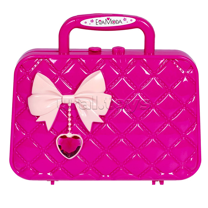 Набор детской декор. косметики Eva Moda, BOX 20х5,5х17,8см, косметичка-сумочка с бантиком, тени для век 7 оттенков (5,4г),помада 2 оттенка (1г), блеск для губ 12 оттенков (9,6г), аппликатор 1шт., кисточка 1шт., 2 резиночка для волос