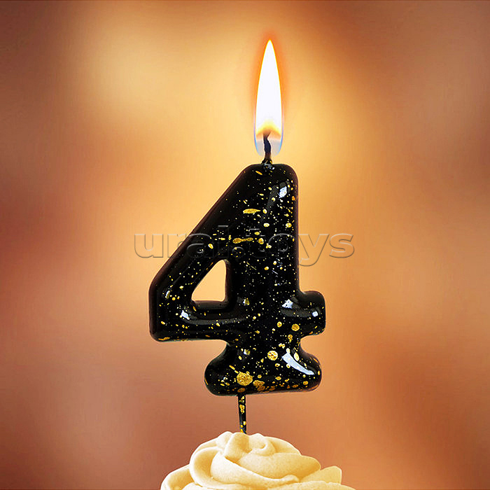 Свеча Цифра, 4 Золотые брызги, на шпажке, Черный, Металлик, 4,3 + 5,2 см, 1 шт. с держат.