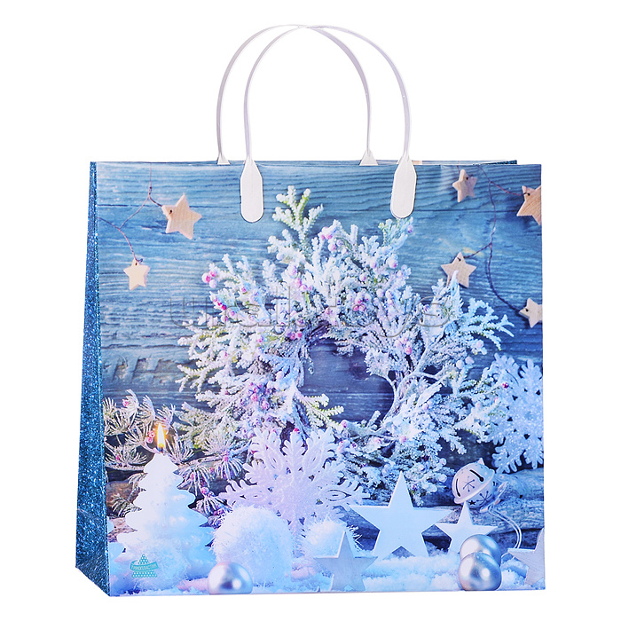 Пакет "Снежинки на бирюзе" мягкий пластик (300х300х140)