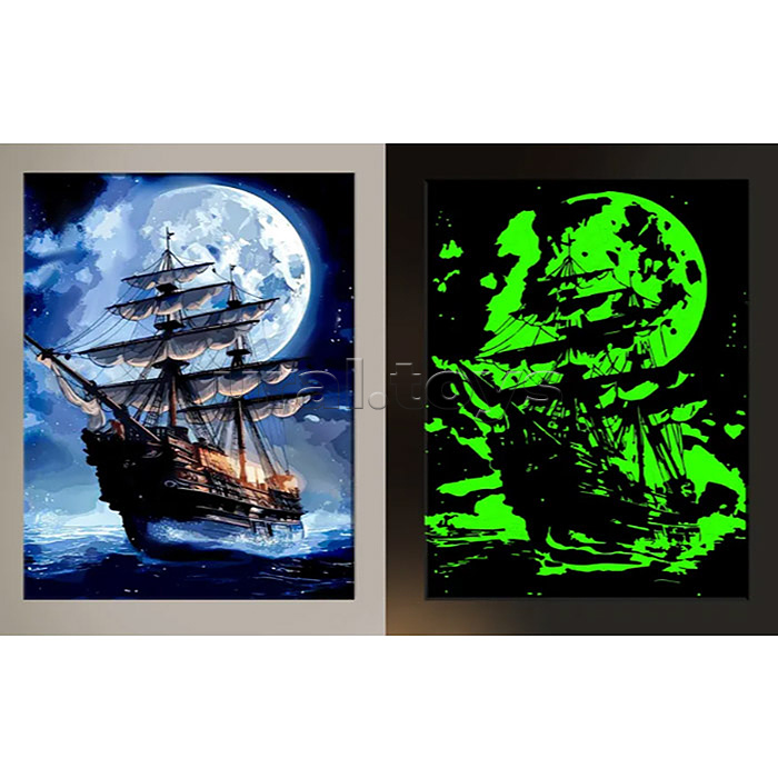 Картина по номерам 30х40 "Одиночное плавание" черный холст светящаяся краска 19 цветов