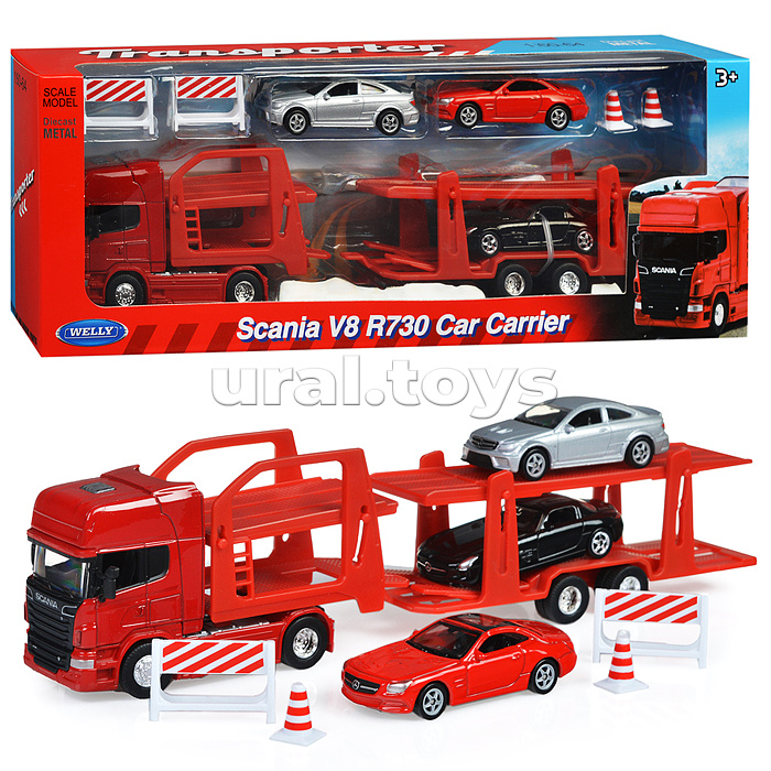 Набор 1:64, Грузовик Scania V8 R730 с тремя легковыми машинками Набор 1:64, Грузовик Scania V8 R730 с тремя легковыми машинками