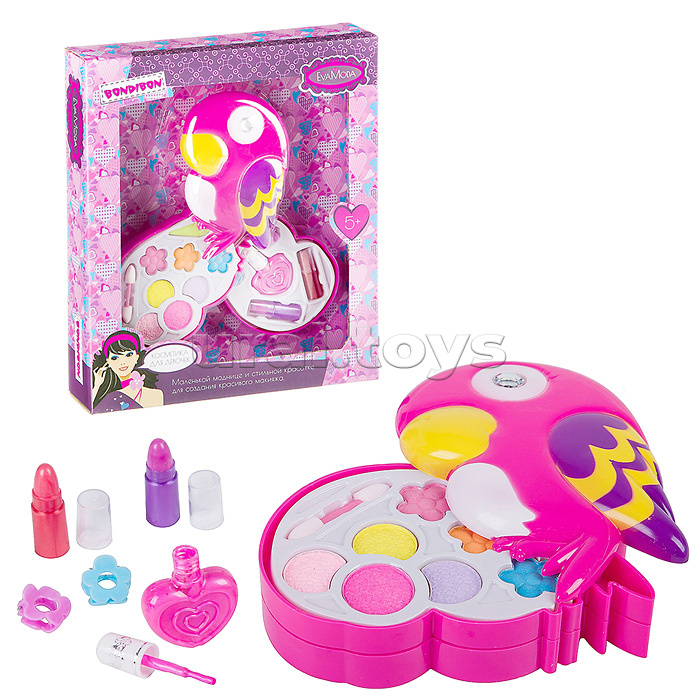 Набор детской декор. косметики Eva Moda, BOX 28,5*23,5*5 см; косметичка-попугай,2х-уровневая, раздвижная: тени для век 7 оттенков (4,6г), помада 2 оттенка (1,6г), лак для ногтей (7,8г), 1 аппликатор, 2 заколки;