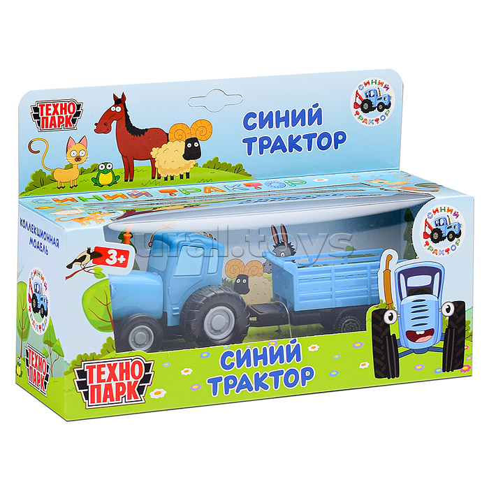 Машина металл Синий трактор с телегой 7,5 см, кор.