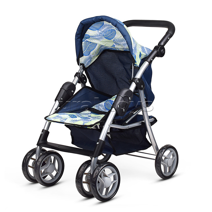 Коляска для кукол металл., складная, прогулочная с козырьком, с корзиной, принт листья