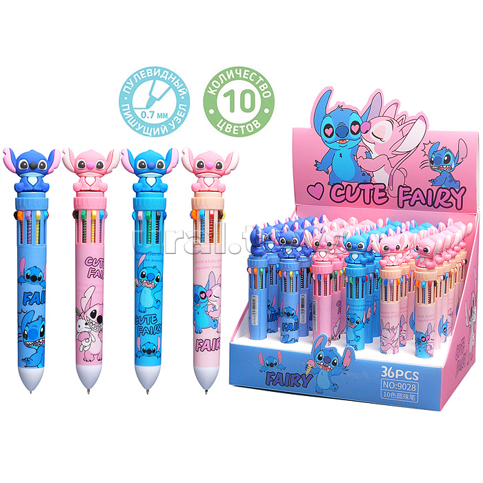 Ручка шариковая автоматическая "Ушастик" 10-ти цветная, пулевидный пиш.узел 0.7мм, корпус пластиковый цветной, 6 дизайнов, картонный дисплей