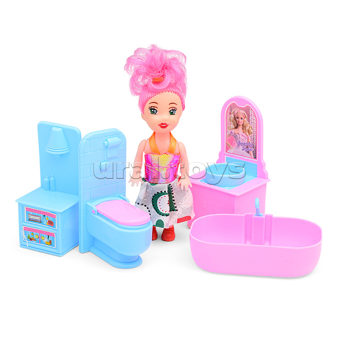 Кукла с набором мебели для ванной комнаты, в пакете