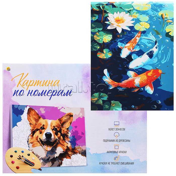Холст с красками 30x40 по номерам "Красивые рыбки в пруду" в коробке (30цв.)