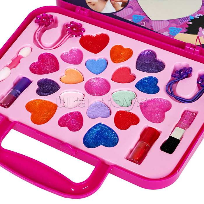 Набор детской декор. косметики Eva Moda, BOX 20х5,5х17,8см, косметичка-сумочка с бантиком, тени для век 7 оттенков (5,4г),помада 2 оттенка (1г), блеск для губ 12 оттенков (9,6г), аппликатор 1шт., кисточка 1шт., 2 резиночка для волос