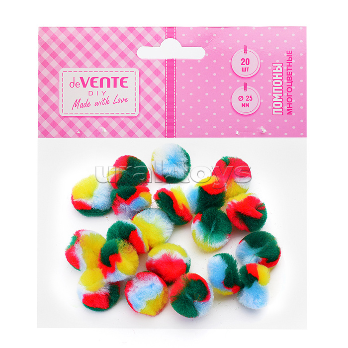 Набор разноцветных помпонов для творчества 25 мм, 20 шт, в пластиковом пакете с блистерным подвесом, градиент из 4 цветов