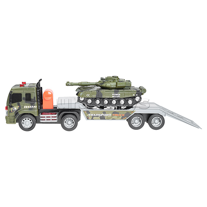 Автовоз "Военный" с танком, 1:16 (свет, звук) на батарейках, в коробке (зеленый)