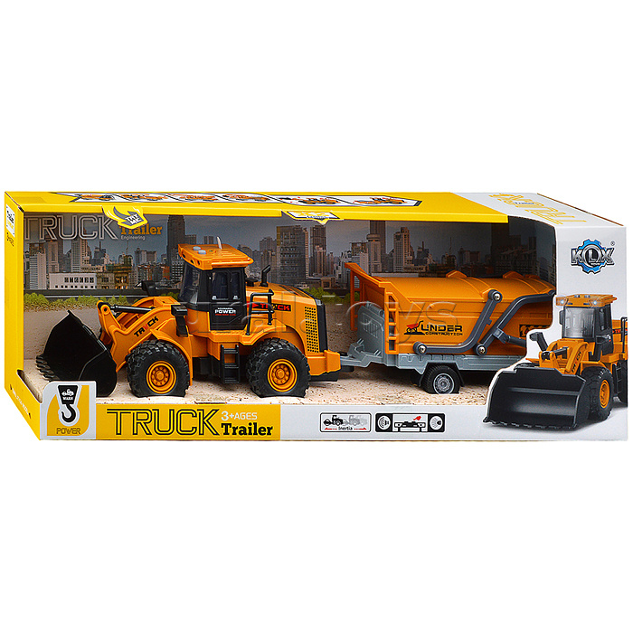 Машина"Трактор-погрузчик" с прицепом (свет, звук) в коробке