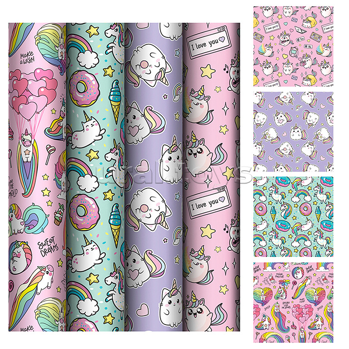 Упаковочная бумага глянц. 70*100см, "Unicorn", 80 г/м2, ассорти, 4 дизайна Упаковочная бумага глянц. 70*100см, "Unicorn", 80 г/м2, ассорти, 4 дизайна