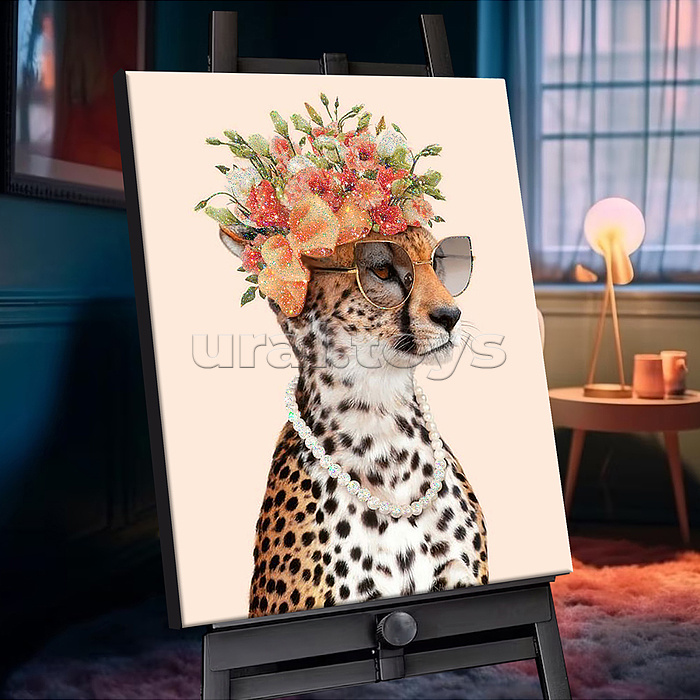 Картина по номерам 40х50 "Леопард в цветах" с кристаллами из хрусталя (26 цветов)