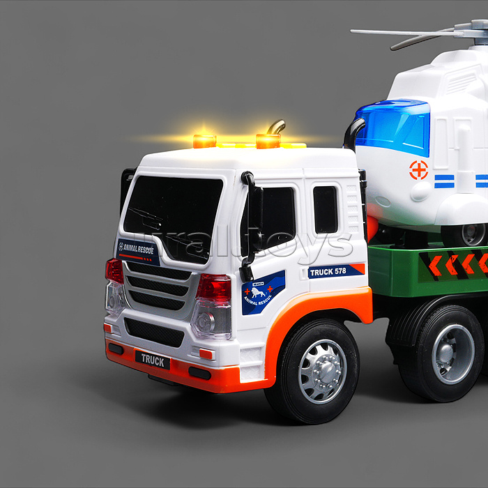 Машина "Длиномер с вертолетом" 1:16 (свет, звук) в коробке