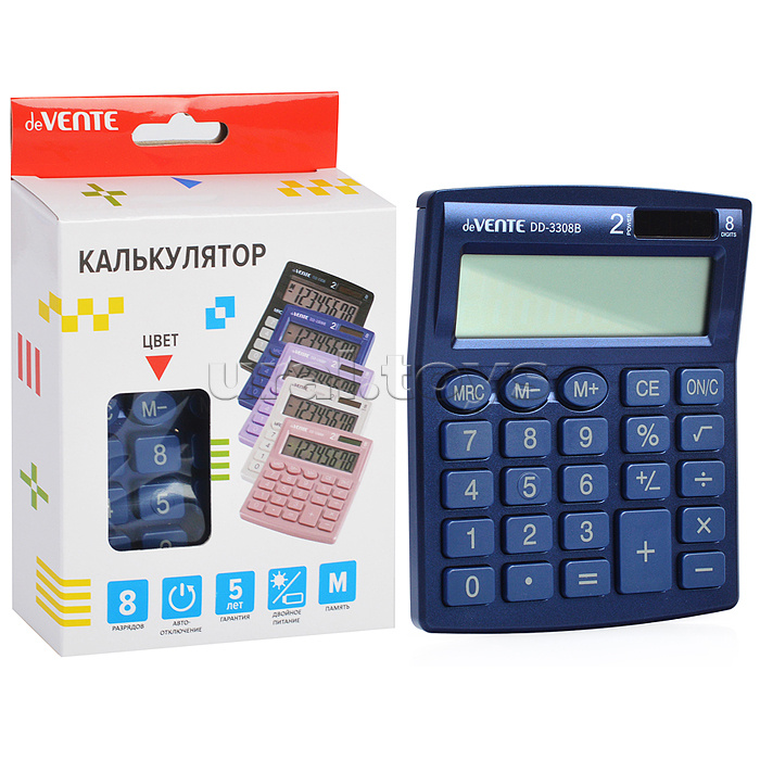 Калькулятор настольный, 105x127x21 мм, 8 разрядный, автоматическое вычисление квадратного корня, процентов, функция смены знака, работа с памятью, двойное питание, автоматическое отключение, прорезиненные ножки, синий, в картонной коробке DD-3308B