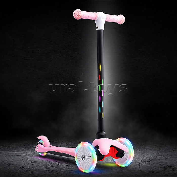 Самокат 3-х колесный ROCKET,колеса PU со светом, светящаяся стойка, ABEC 7, розовый