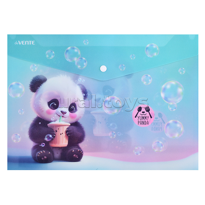 Папка-конверт на кнопке "Yummy Panda" A4 (330x235 мм) 180 мкм, матовая полупрозрачная с рисунком, с искрящейся фактурой, индивидуальная маркировка