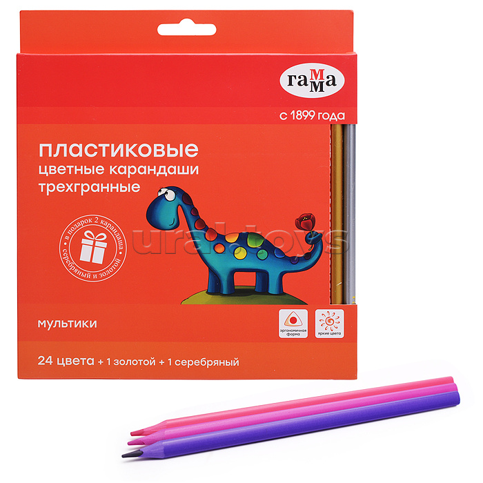 Карандаши цветные "Гамма" 24цв.+1 золотой +1 серебряный, пластиковые, трехгранные, заточенные, европодвес