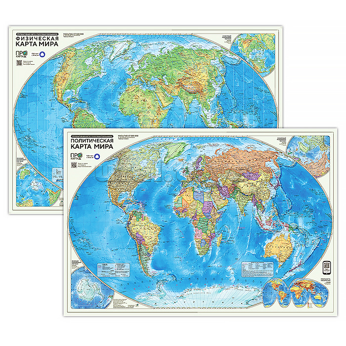 ПРОкарта интерактивная Мир политическая + физическая 101х69 см, двусторонняя ламинированная с европодвесом
