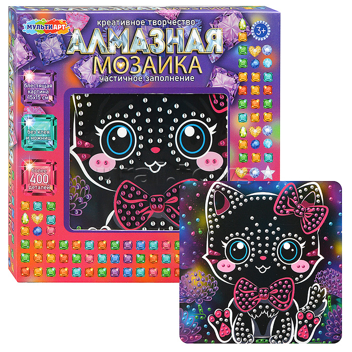 Алмазная мозаика на черном фоне 15*15 "Китти" в корокбе Алмазная мозаика на черном фоне 15*15 "Китти" в корокбе
