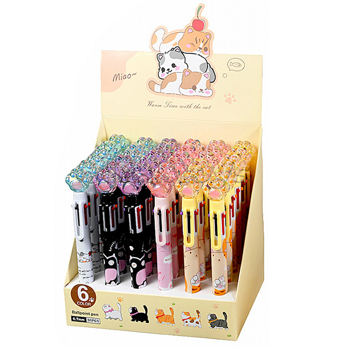 Ручка шариковая автоматическая "Лапка" 6 цв. (фиолетовый, черный, синий, красный, зеленый, жёлтый) пулевидный пиш.узел 0.7мм, корпус пластиковый цветной, сменный стержень 87 мм, картонный дисплей