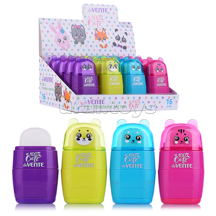 Точилка и ластик 2 в 1 "Cute" 2 отверстия, пластиковая цветная с контейнером, ластик белый из синтетического каучука, каждая с индивидуальной маркировкой, в картонном дисплее