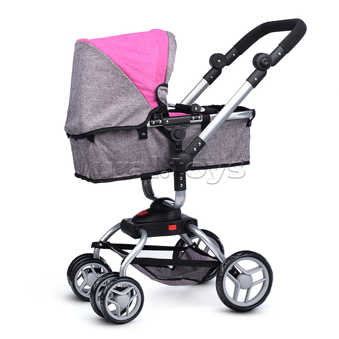 Коляска - трансформер для кукол, металлическая, регулируемая ручка, с корзиной, цвет серо-розовый