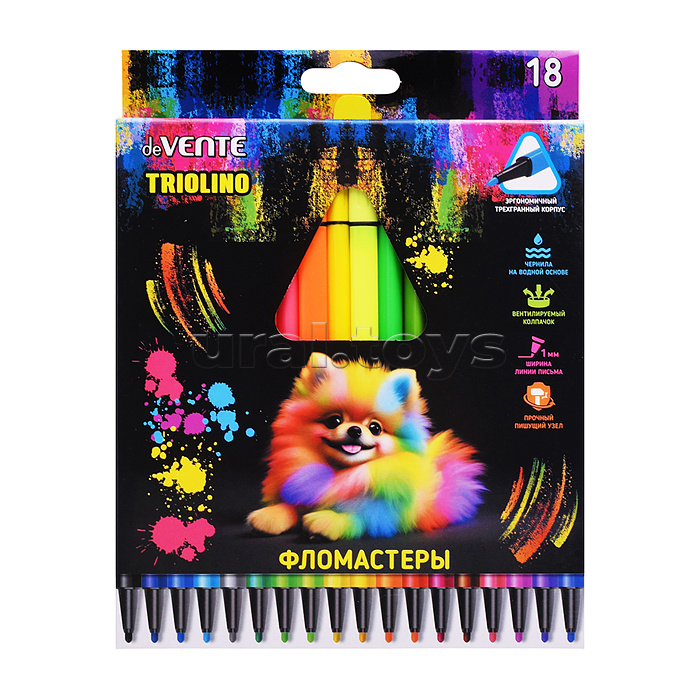 Фломастеры "Trio" 18 цветов, трехгранный корпус, с вентилируемым колпачком, в картонной коробке с подвесом