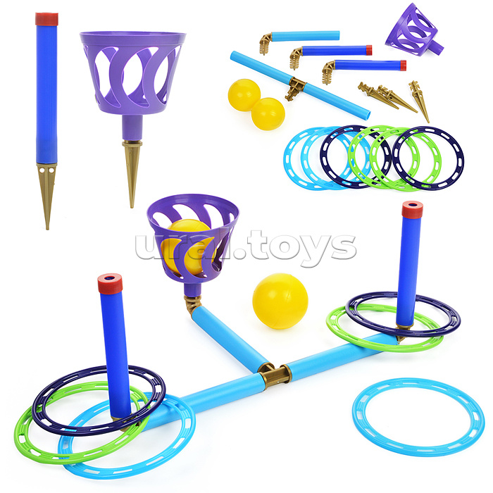 Кольцеброс - шароброс 2 в 1 (дом/улица).  2 стойки + 6 колец, 1 корзинка + 2 мяча, клин - 3 шт.