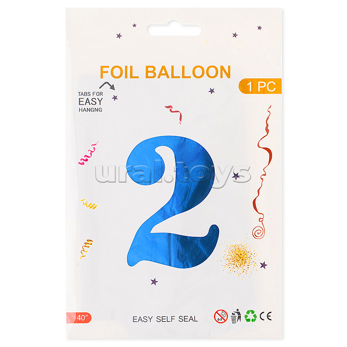 Шар (40''/102 см) Цифра, 2, Синий, Металлик, 1 шт. в уп.