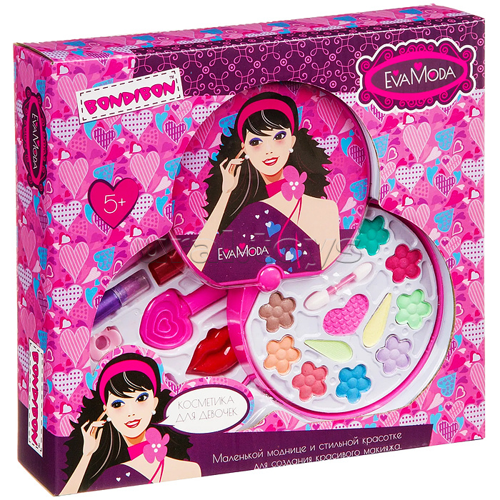 Набор детской декорат. косметики Eva Moda, BOX 26,8х25х4,8см, косметичка-диск 2-уровневая с зеркальцем, тенями для век (11 оттенков; 7,8г), блеском для губ (0,6г), лаком для ногтей (8г), помадами (3 цвета; 2,4г) и 3-мя заколками