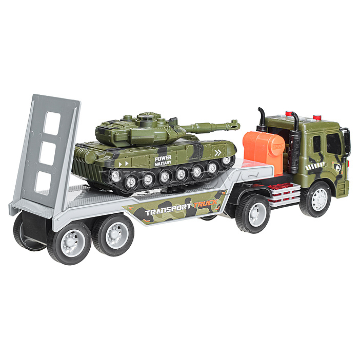 Автовоз "Военный" с танком, 1:16 (свет, звук) на батарейках, в коробке (зеленый)